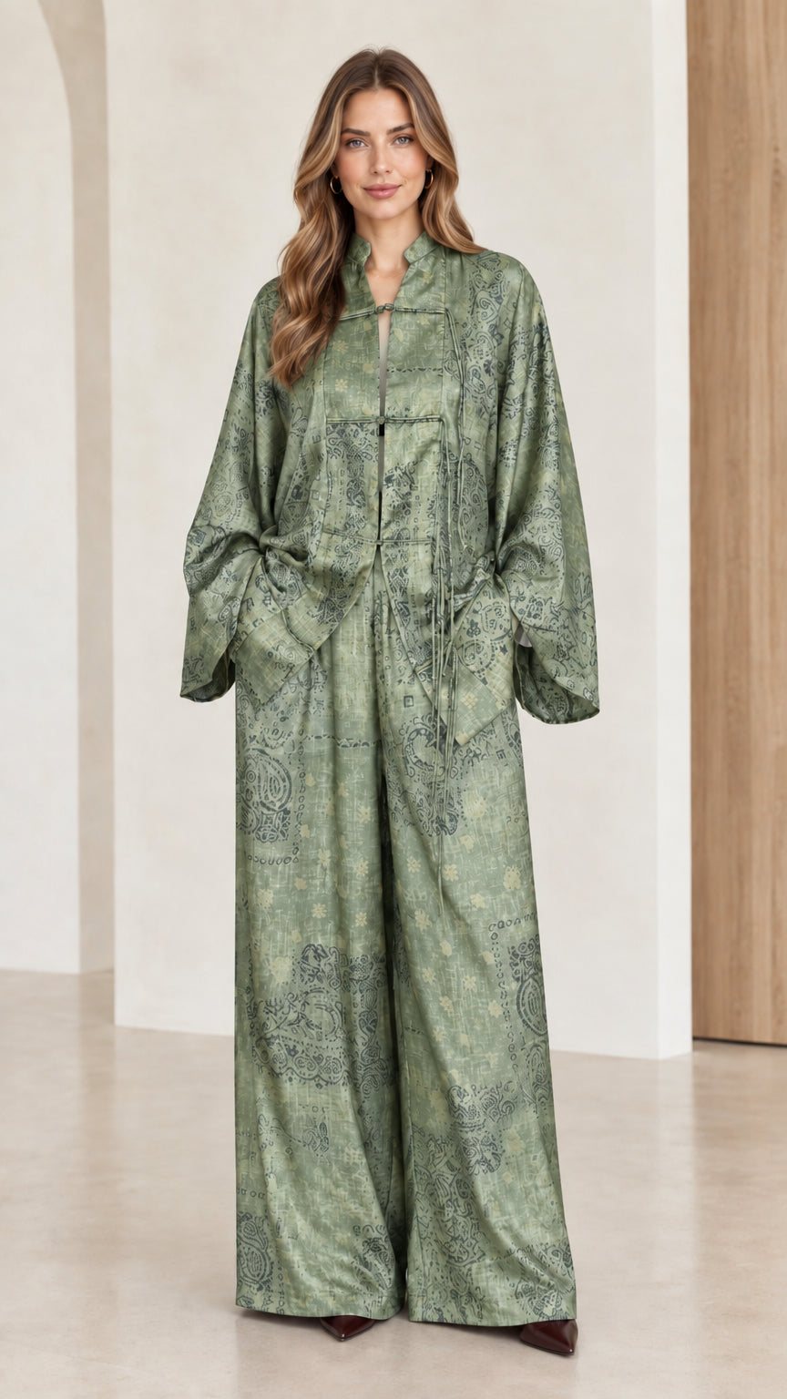 Model wearing Sage Green Eastern-inspired matching two-piece pant set