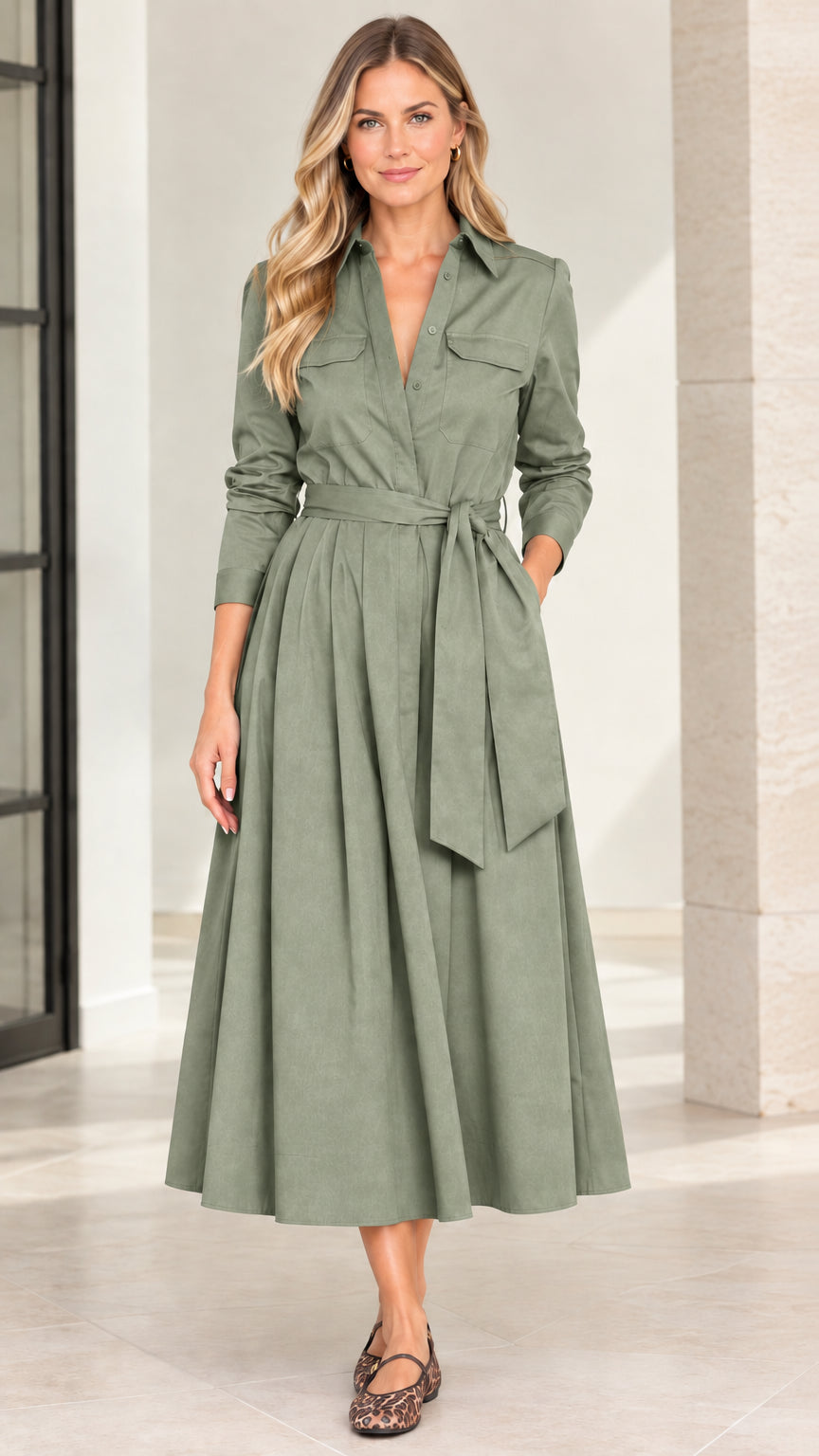 Model wearing sage green long sleeve belted A-line midi shirt dress