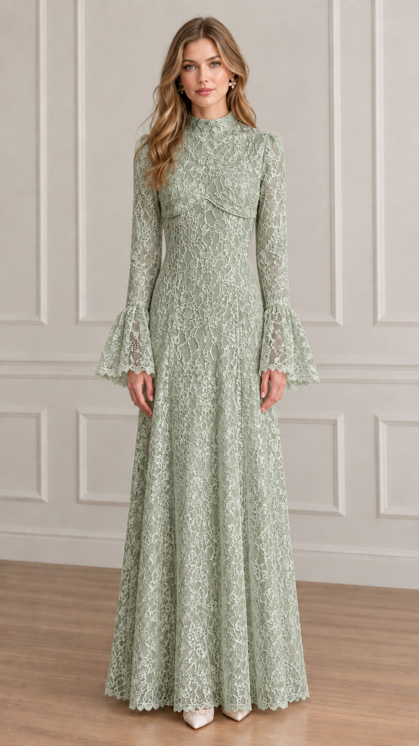 Front view of sage green floral lace long-sleeve maxi gown