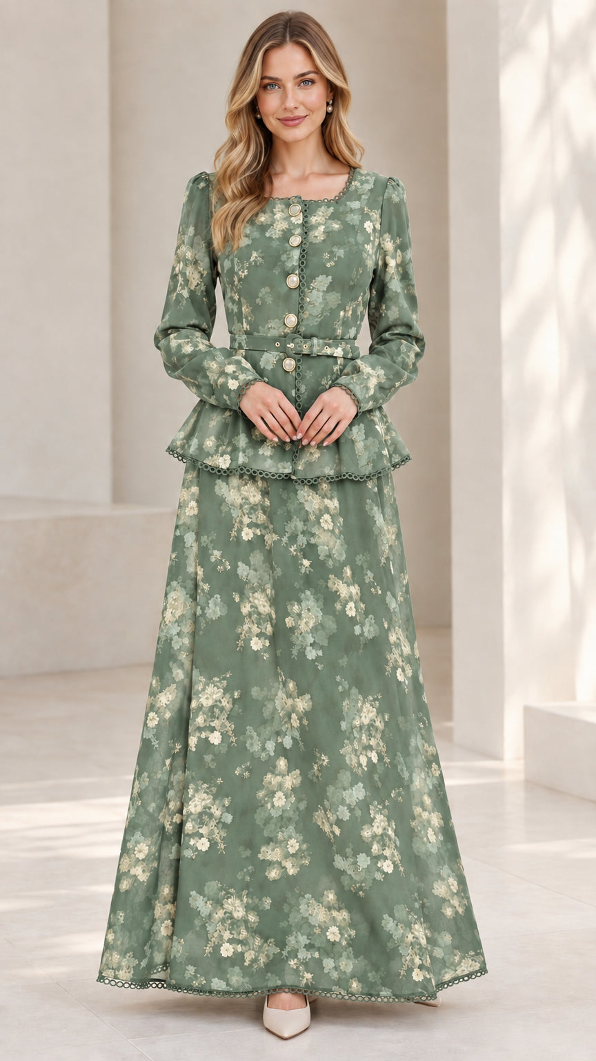 Model wearing Sage Green floral peplum maxi dress with scalloped neckline