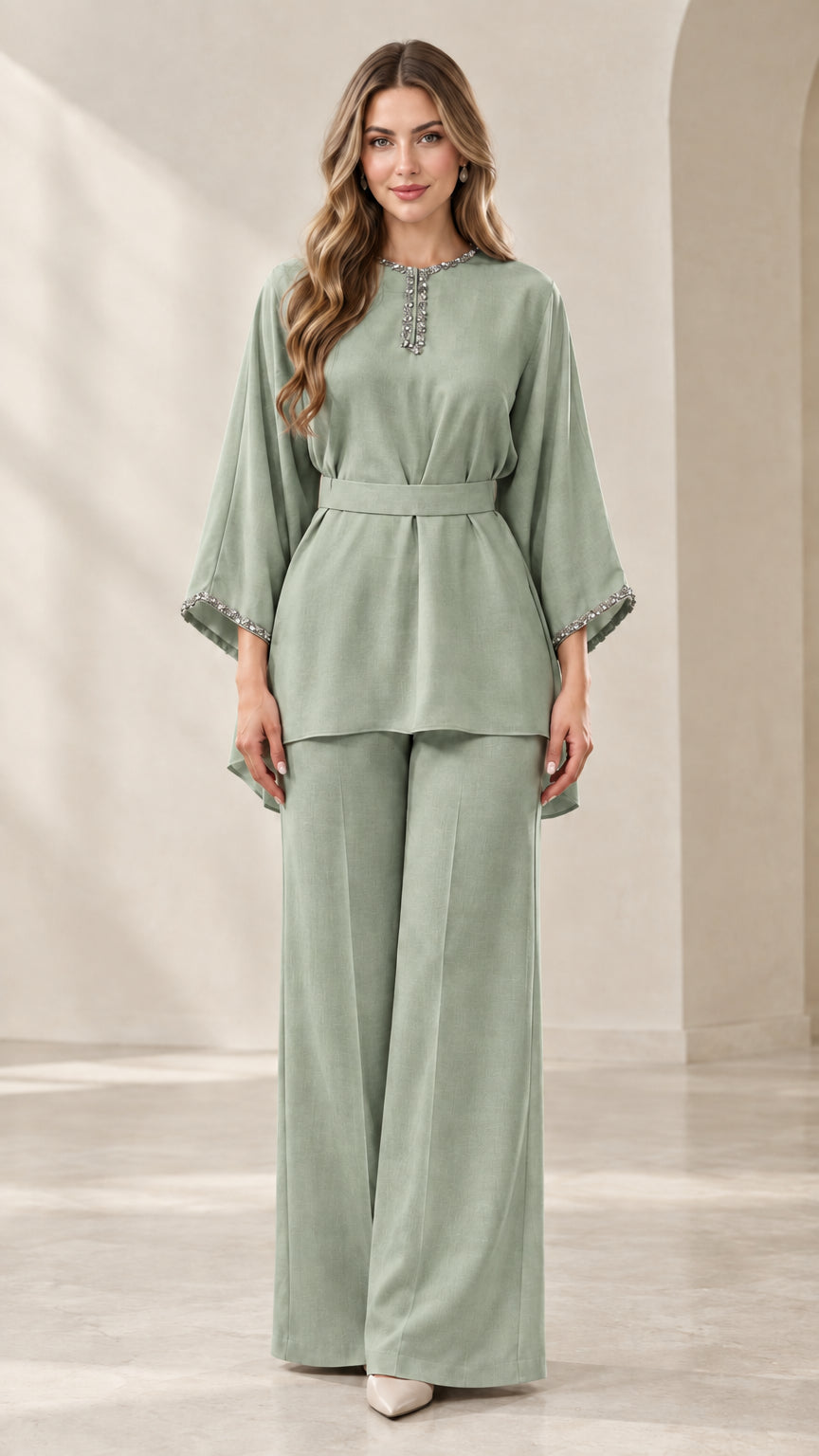 Full-length front view of sage green rhinestone-embellished tunic top and wide-leg pants set