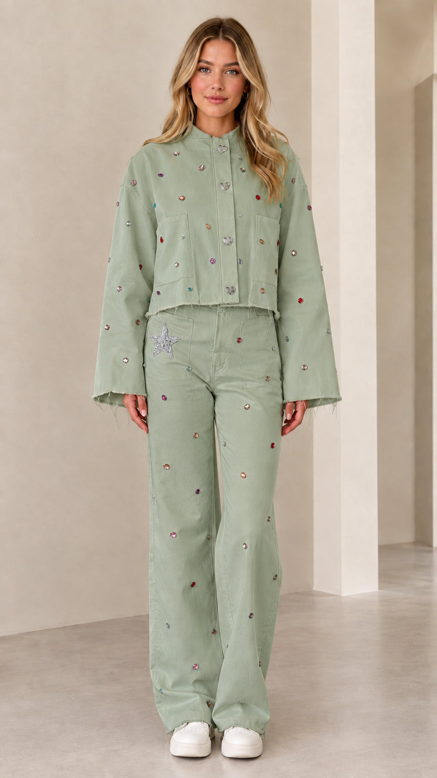 Full front view of sage green rhinestone cropped jacket and wide-leg trousers set