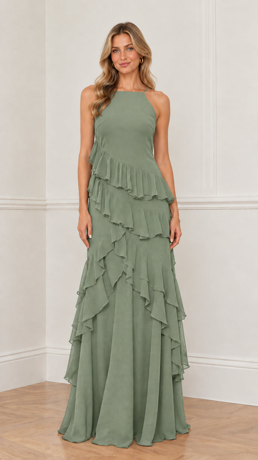 Model wearing sage green halter tiered ruffle maxi gown