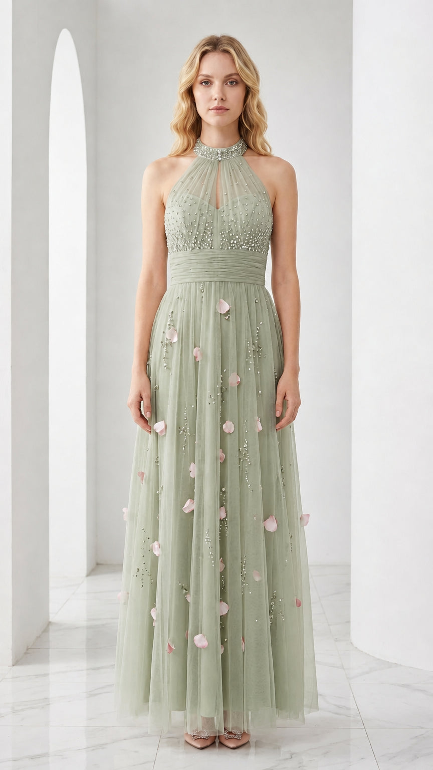 Sage green embellished halter neck tulle evening dress