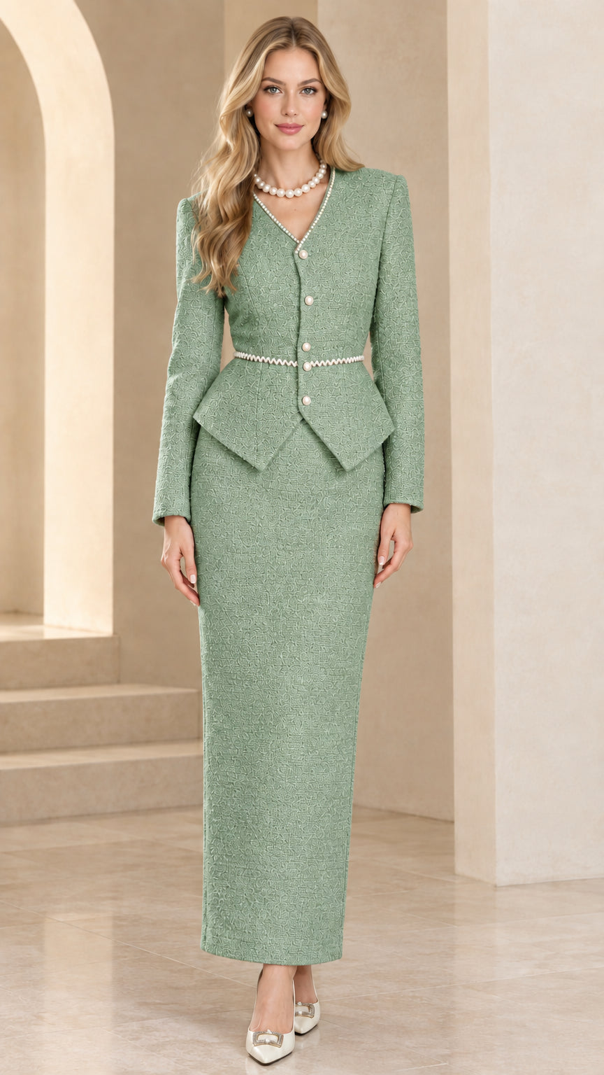 Model wearing Sage Green tweed two-piece formal peplum skirt suit with pearl trim