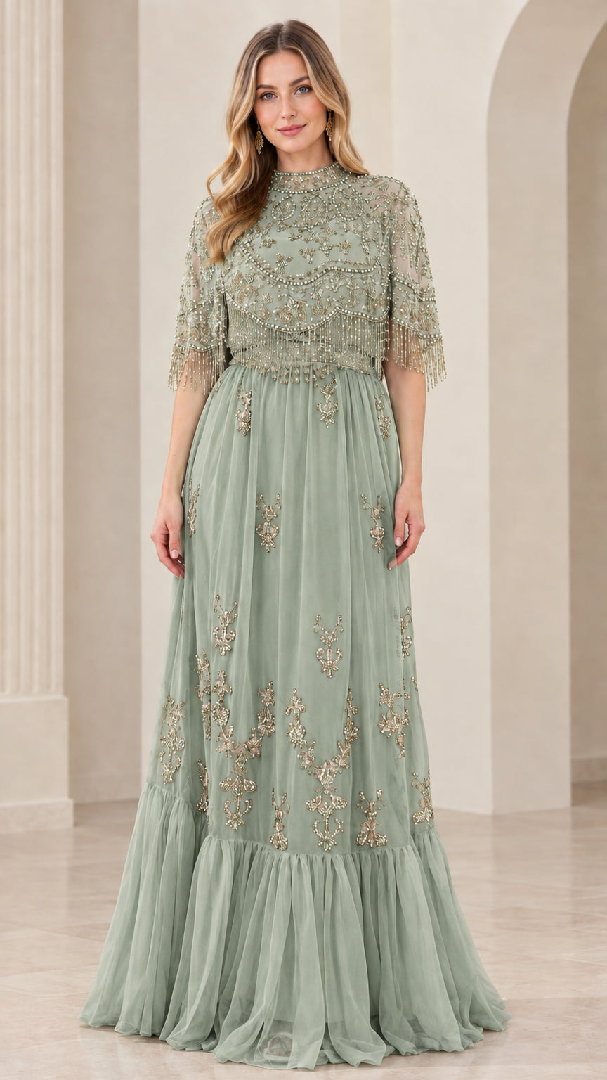 Sage Green Beaded Capelet A-Line Evening Gown