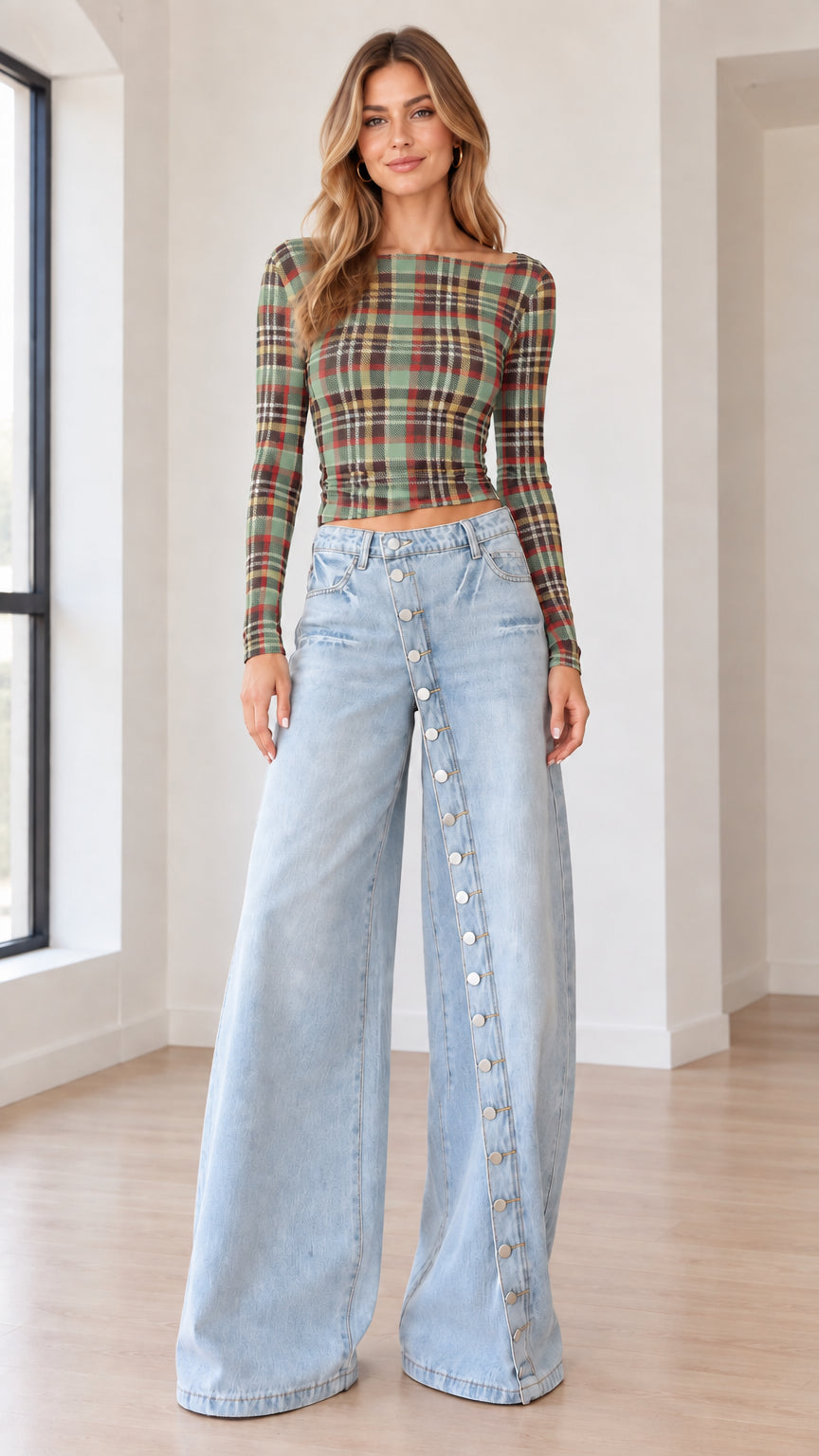 Model wearing Green Plaid long sleeve boatneck crop top