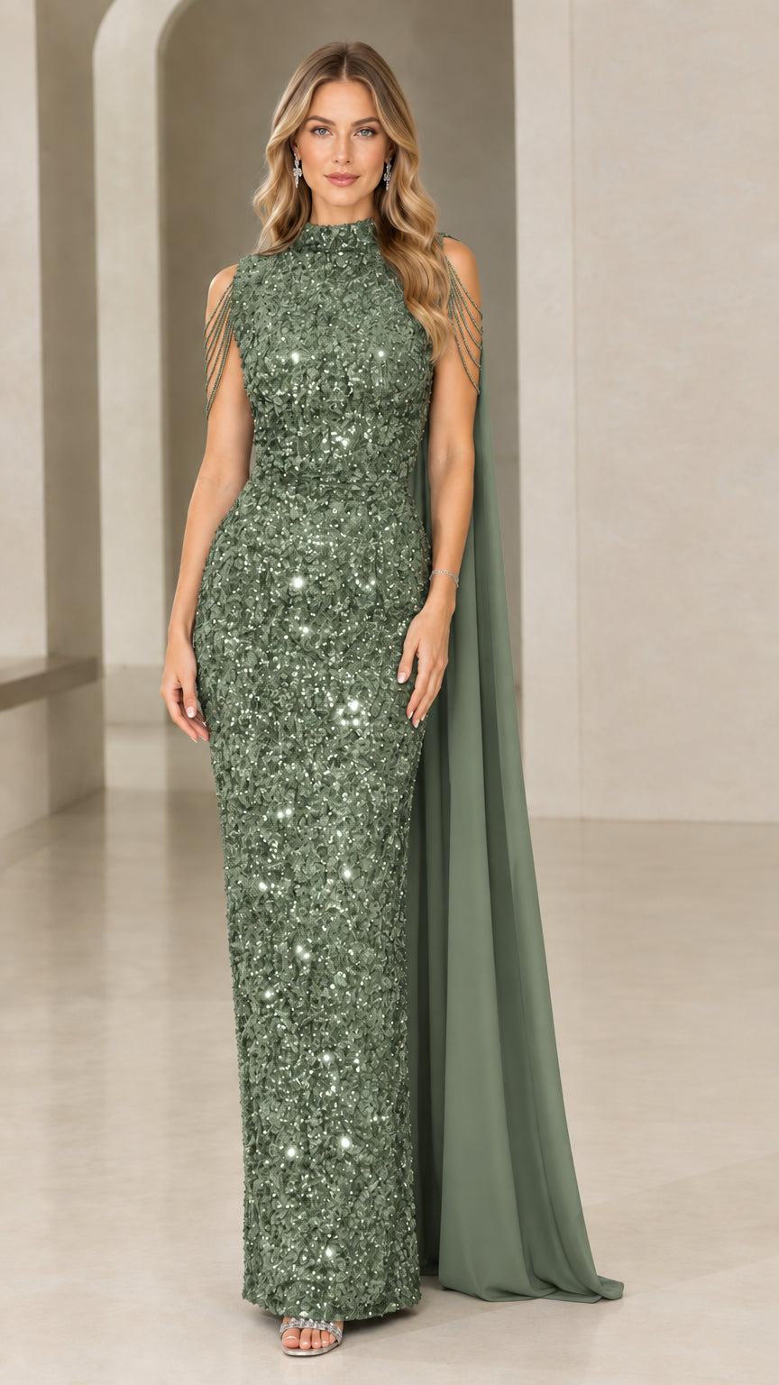 Full-length sage green high-neck sequin cape maxi dress
