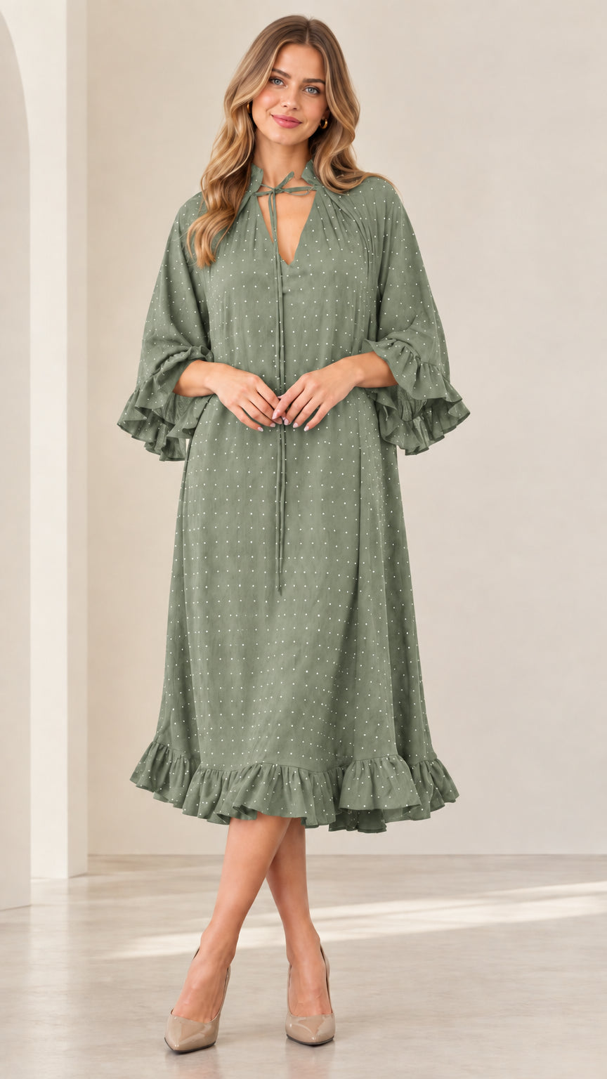 Sage green sparkle tie-neck midi dress with tiered ruffle details