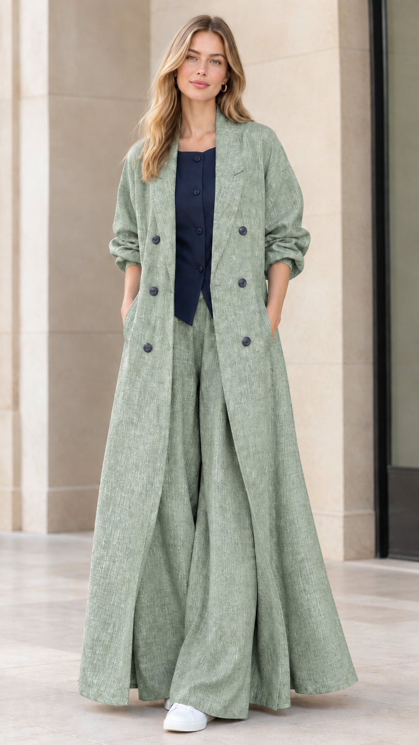 Full-length view of women's sage green maxi duster coat and wide-leg pants set