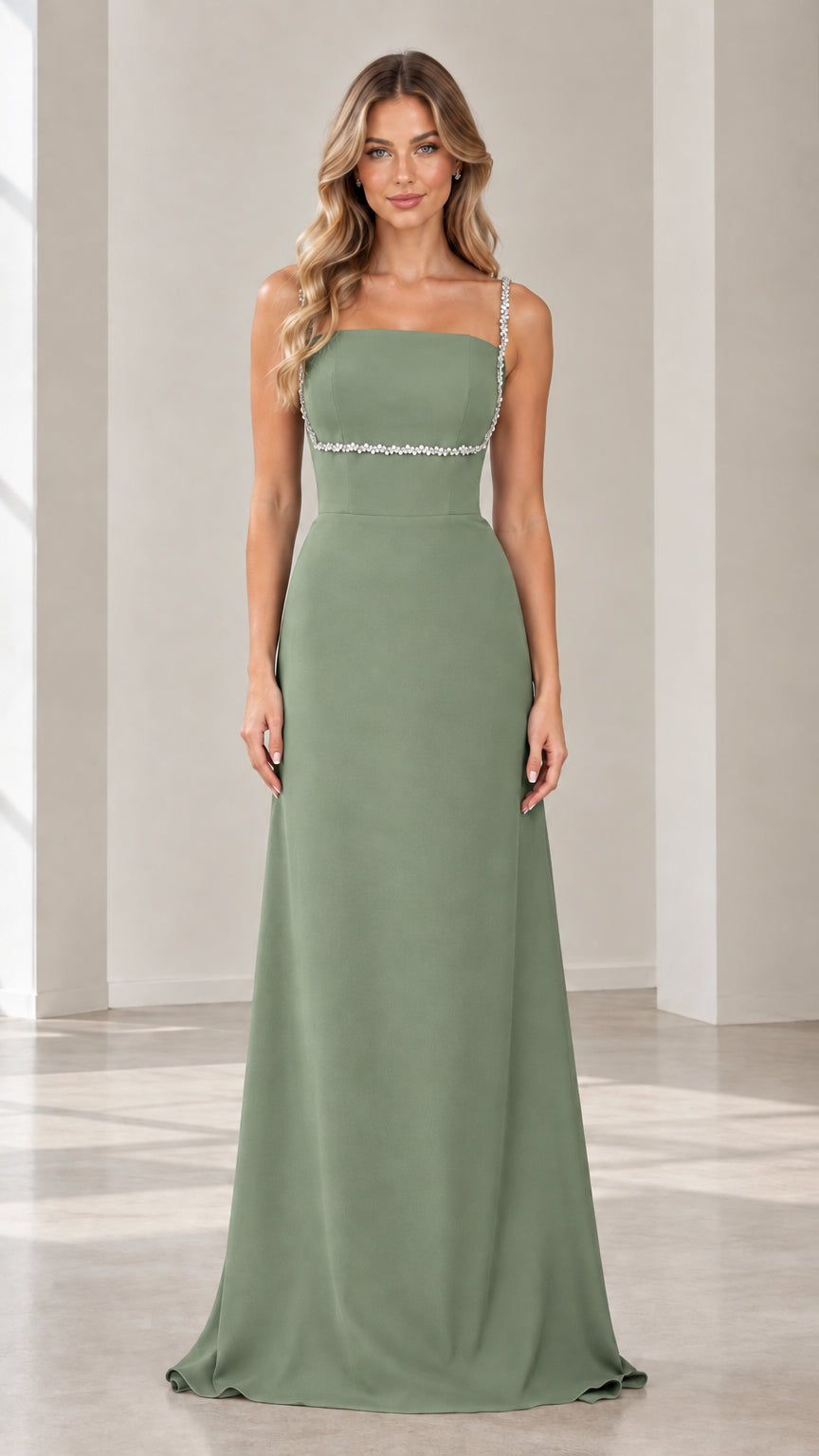 Front view of sage green evening maxi gown with rhinestone straps