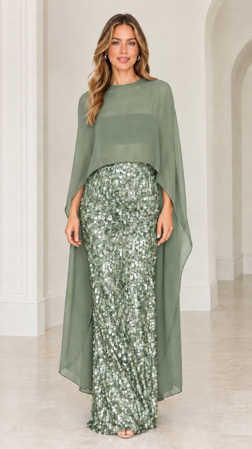 Sage green floor-length sequin formal dress with chiffon cape
