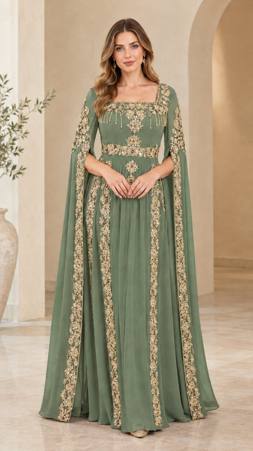 Front view of sage green embroidered cape sleeve maxi gown