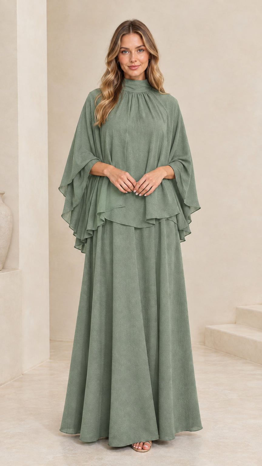Model wearing sage green tiered capelet evening maxi dress
