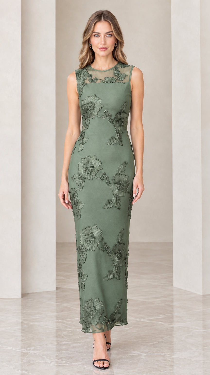 Model wearing sage green floral appliqué sleeveless column maxi dress