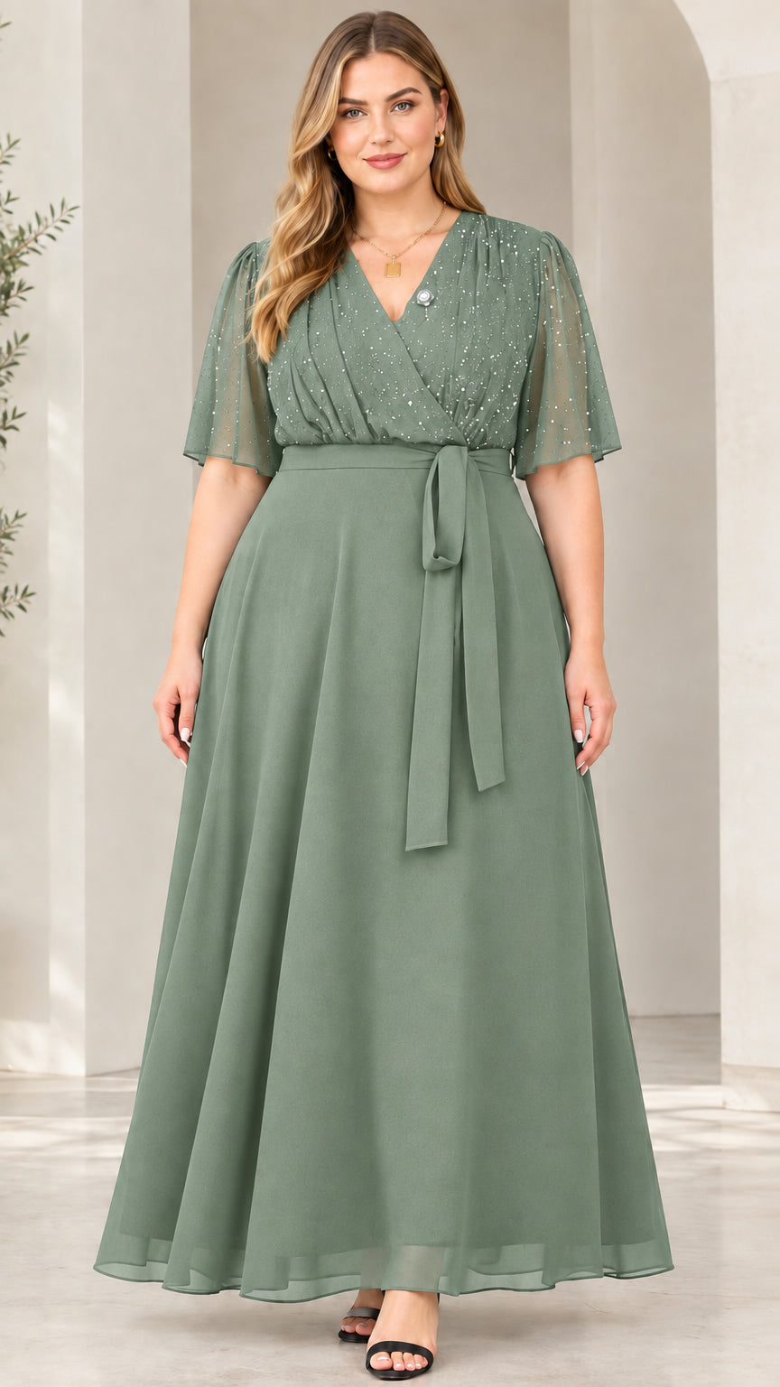 Front view of model wearing sage green flutter sleeve glitter evening maxi dress
