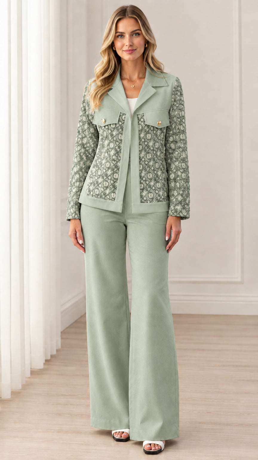 Full view of women's sage green two-piece suit set with contrast details