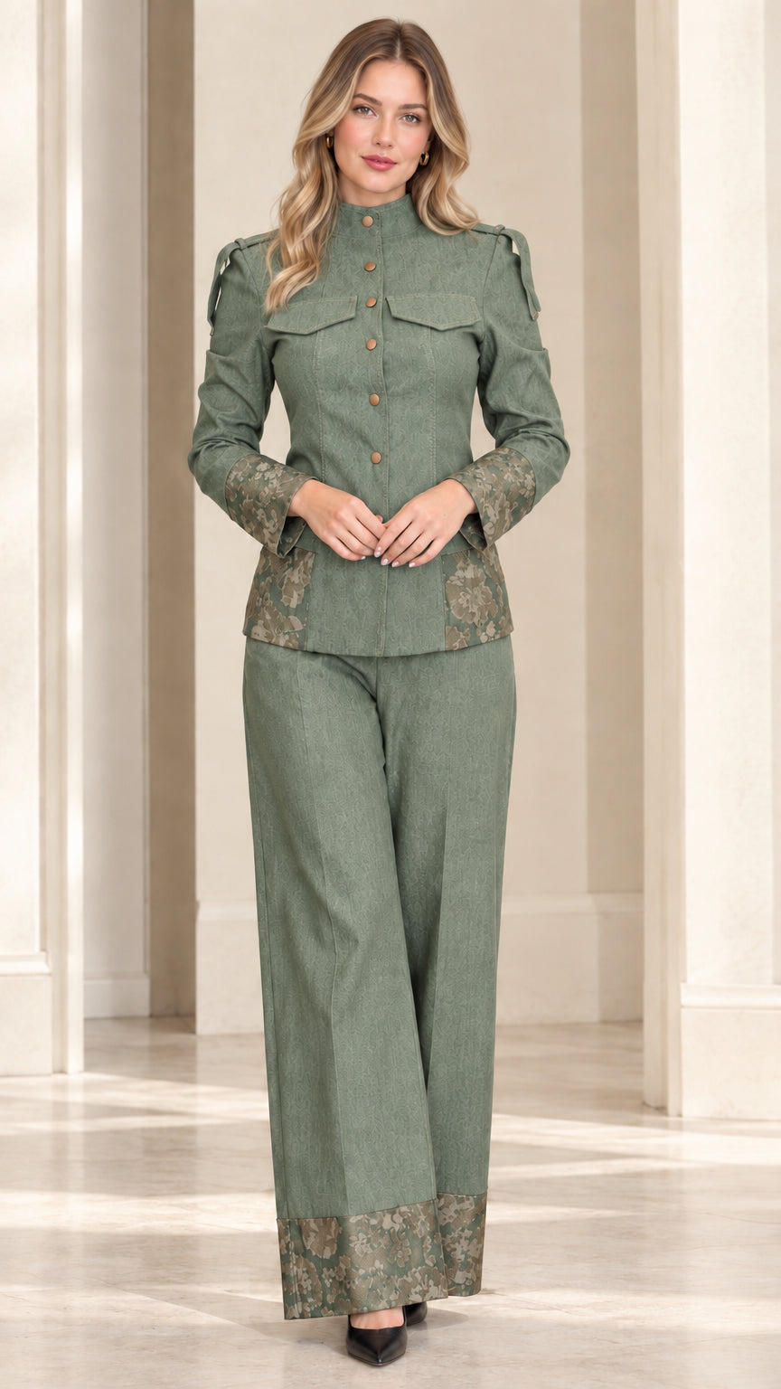 Full front view of sage green two-piece jacket and wide-leg trouser suit set with floral jacquard trim