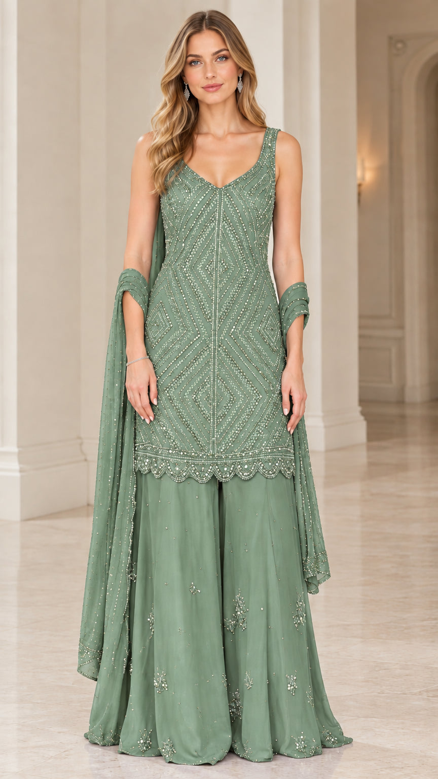 Model wearing Sage Green embellished sleeveless sharara set