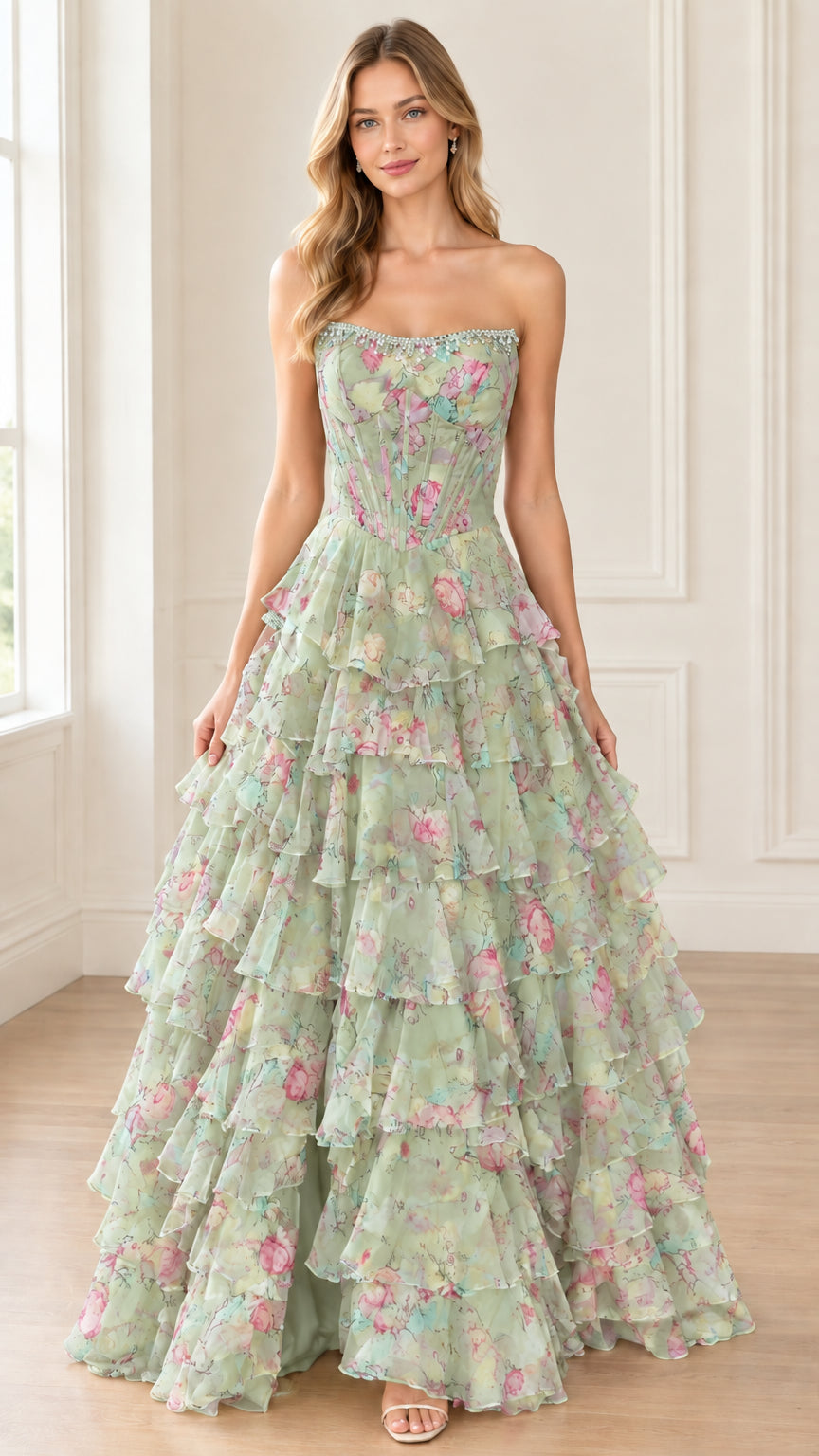 Front view of model wearing sage green floral strapless tiered ball gown