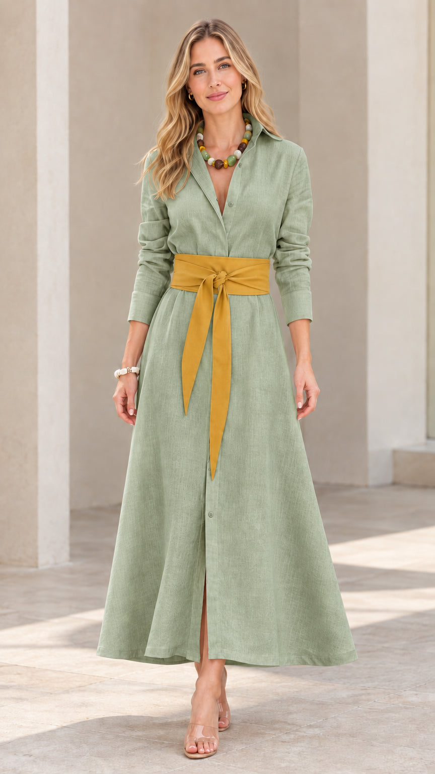 Front view of model wearing sage green long sleeve maxi shirt dress with yellow sash belt