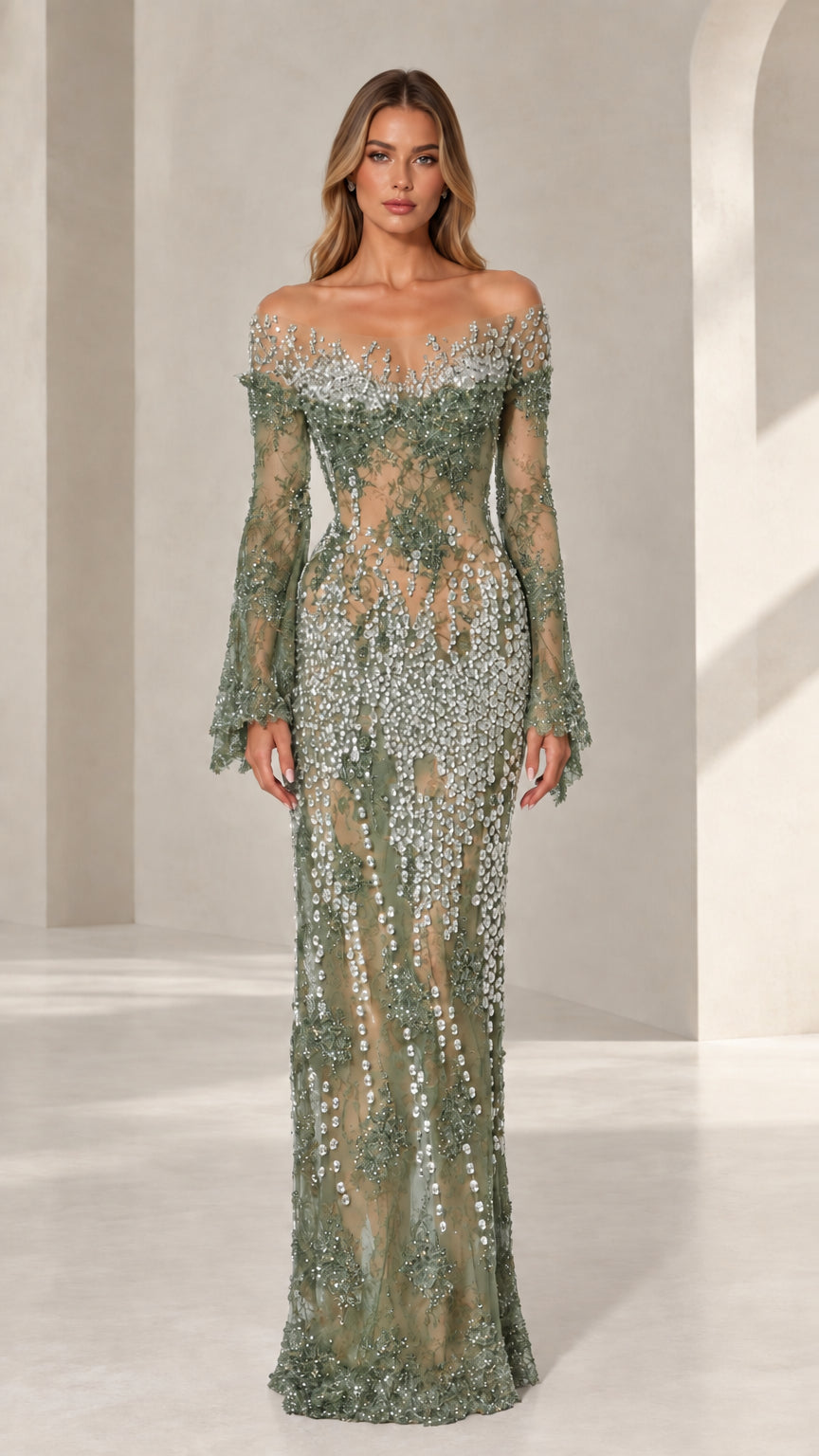 Sage Green crystal-embellished formal floor-length dress