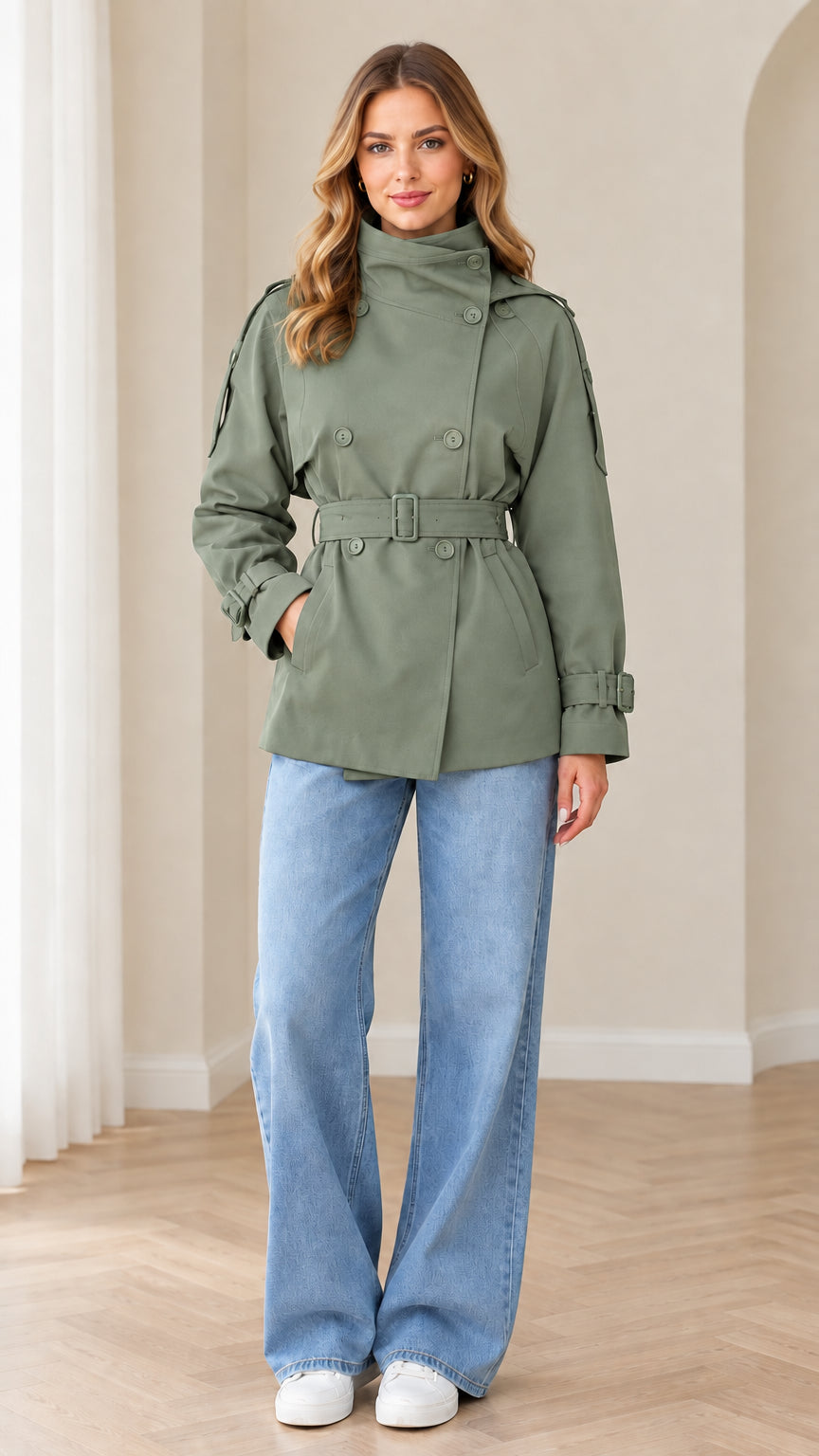 Model wearing sage green double-breasted belted short trench coat