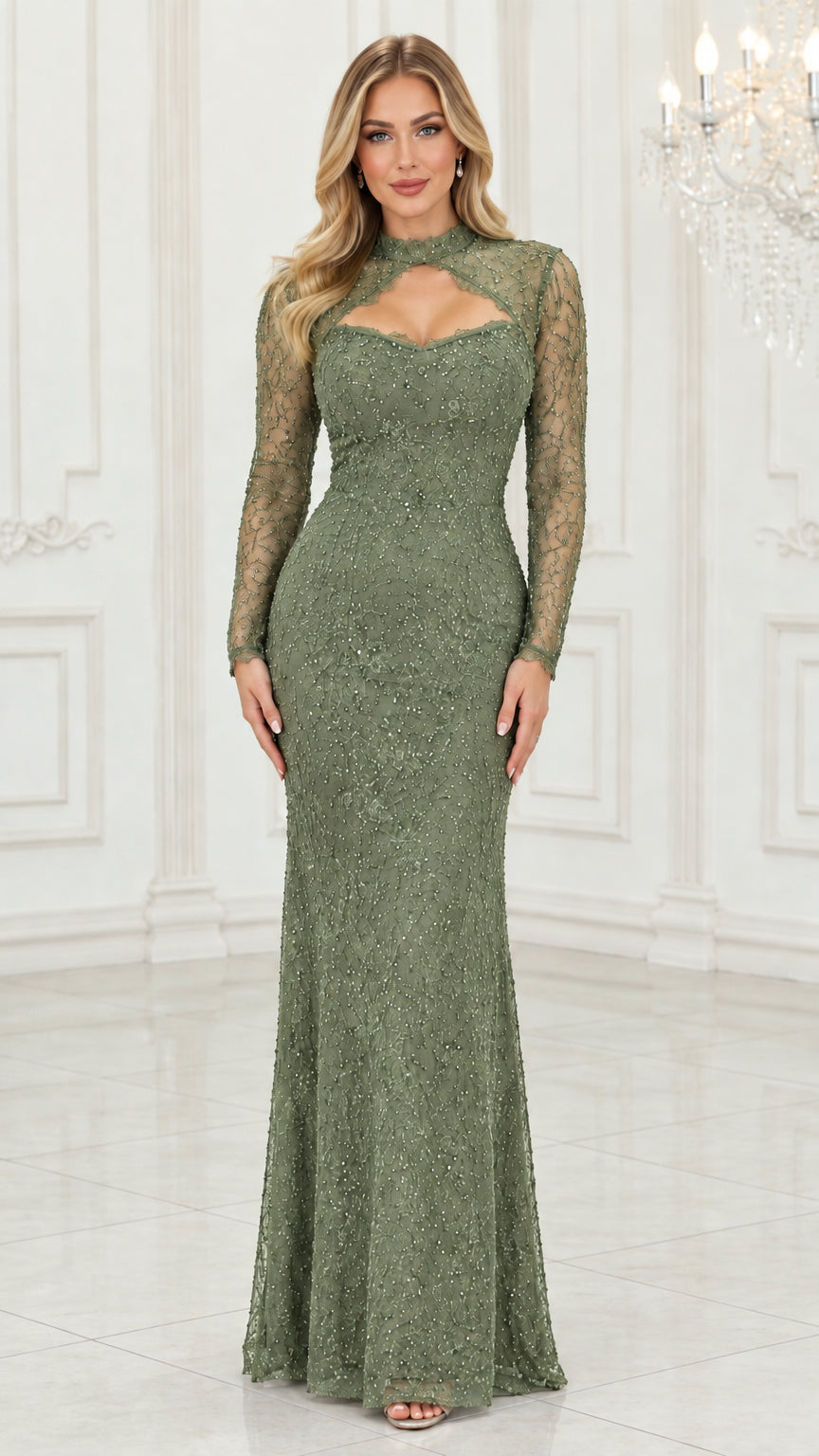 Model wearing sage green long sleeve lace formal gown