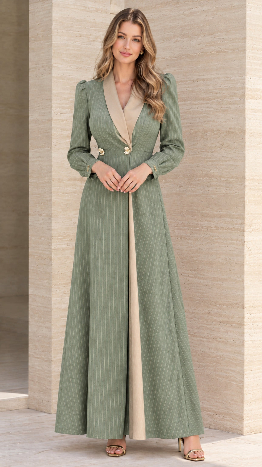Front view of sage green pinstripe maxi blazer dress with cream lapel