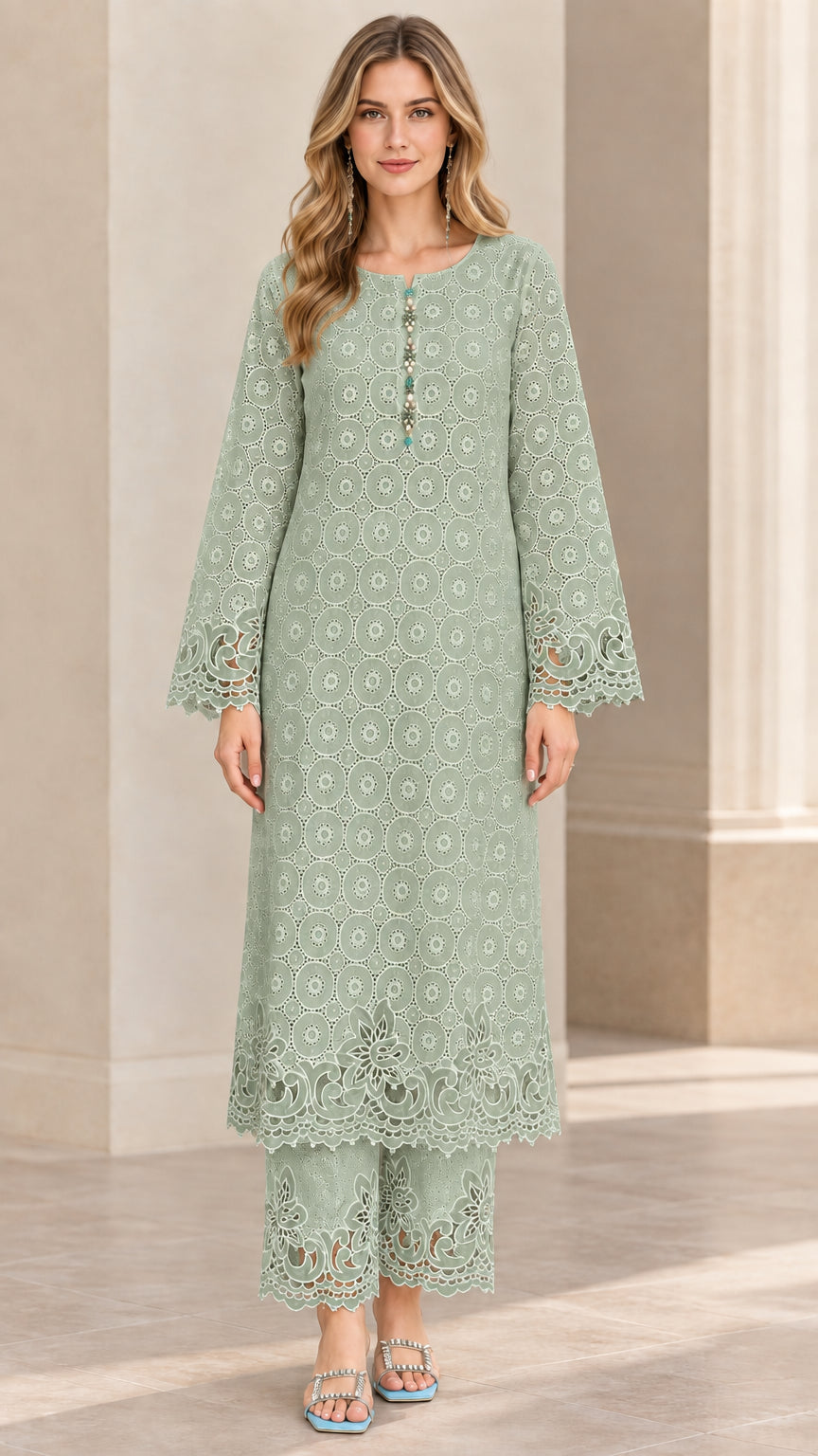 Front view of woman wearing sage green embroidered longline kurta top and matching cropped trousers