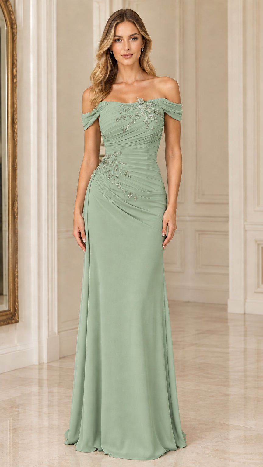 Woman wearing a sage green off-the-shoulder beaded ruched formal evening gown