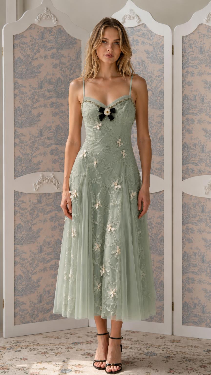 Front view of Sage floral embroidered tulle midi dress