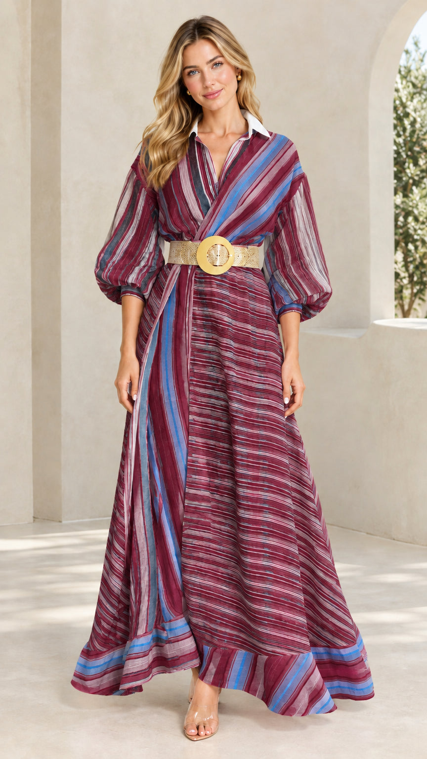 Front view of woman wearing wine red striped collared maxi dress with belt