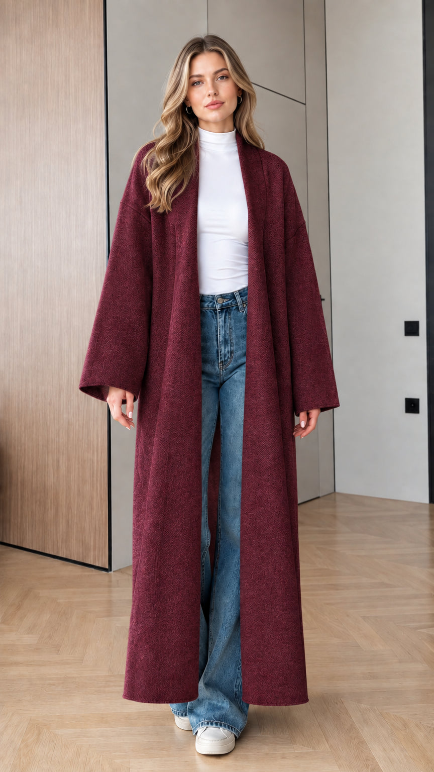 Model wearing Burgundy open-front longline maxi coat