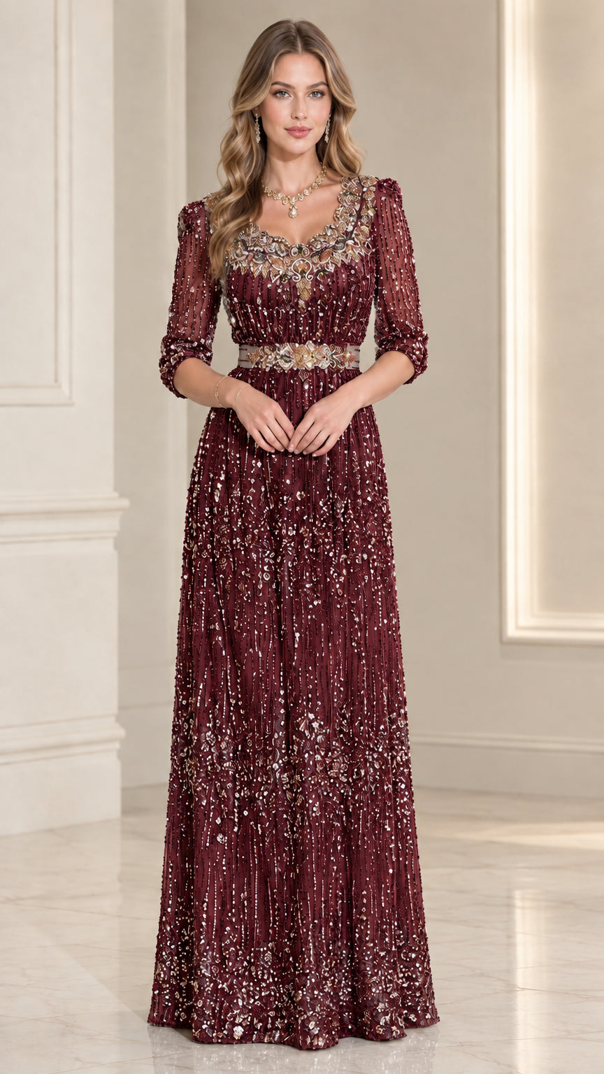 Front view of burgundy red sequined 3/4 sleeve evening gown