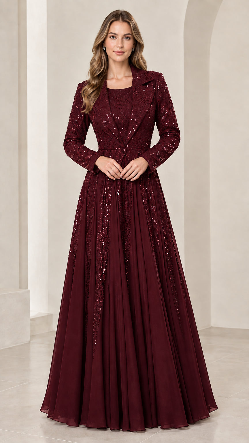 Burgundy wine sequin mother of the bride gown with long sleeves