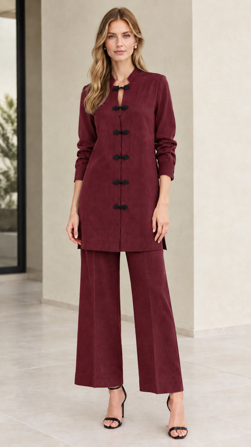 Front full-length view of woman wearing Burgundy wine red mandarin collar tunic and pants set