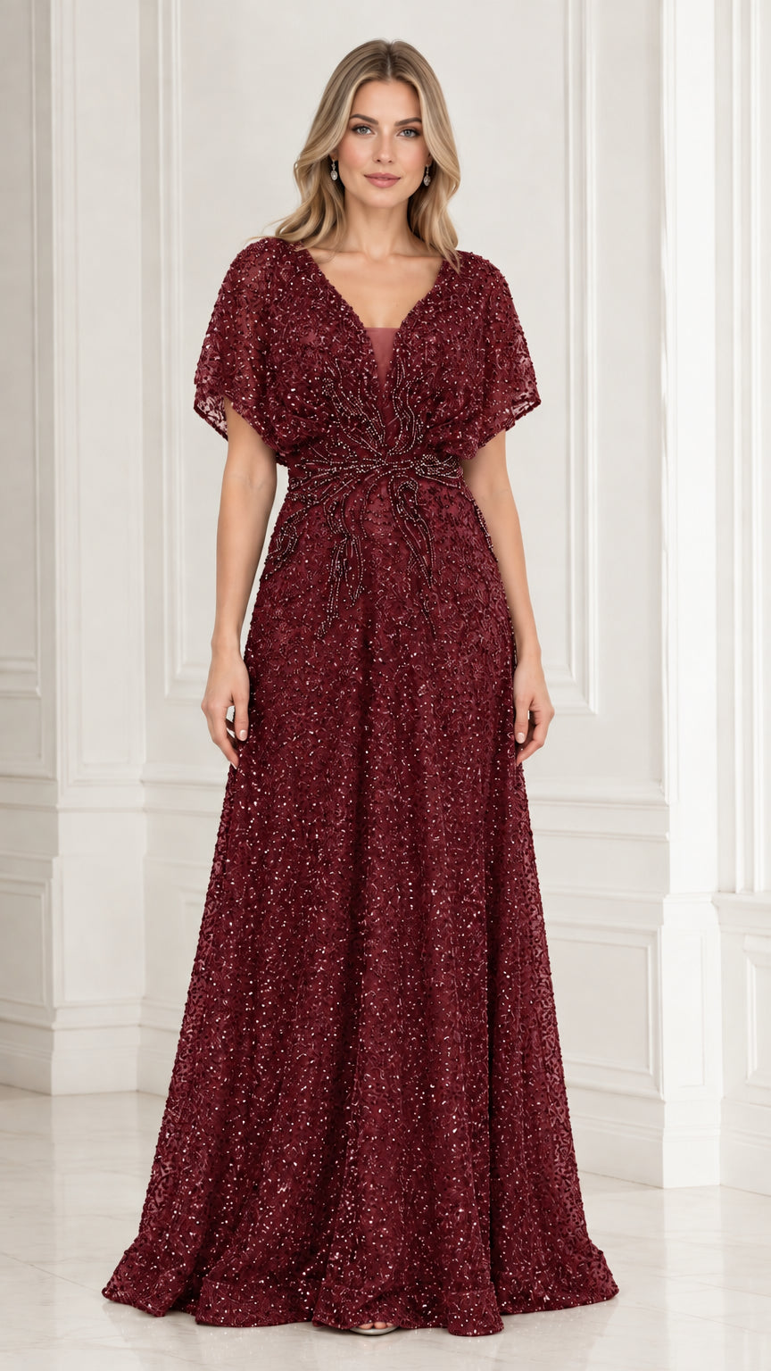 Model wearing burgundy wine red beaded flutter sleeve formal dress