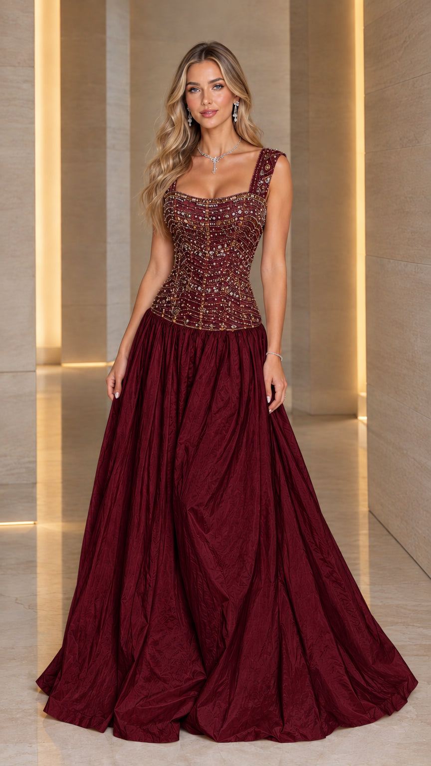 Model wearing Burgundy red beaded corset A-line gala ballgown