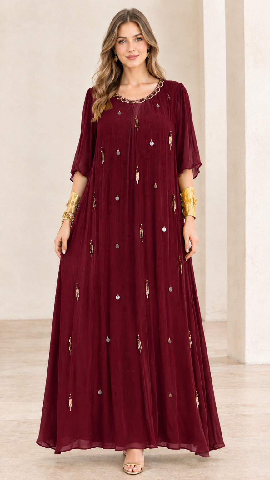 Full-length front view of burgundy wine red pleated chiffon maxi dress
