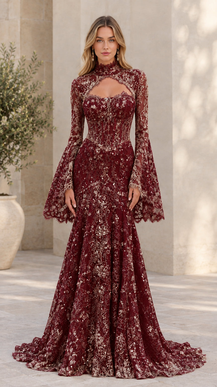 Front view of model wearing rich burgundy wine red lace evening gown with train