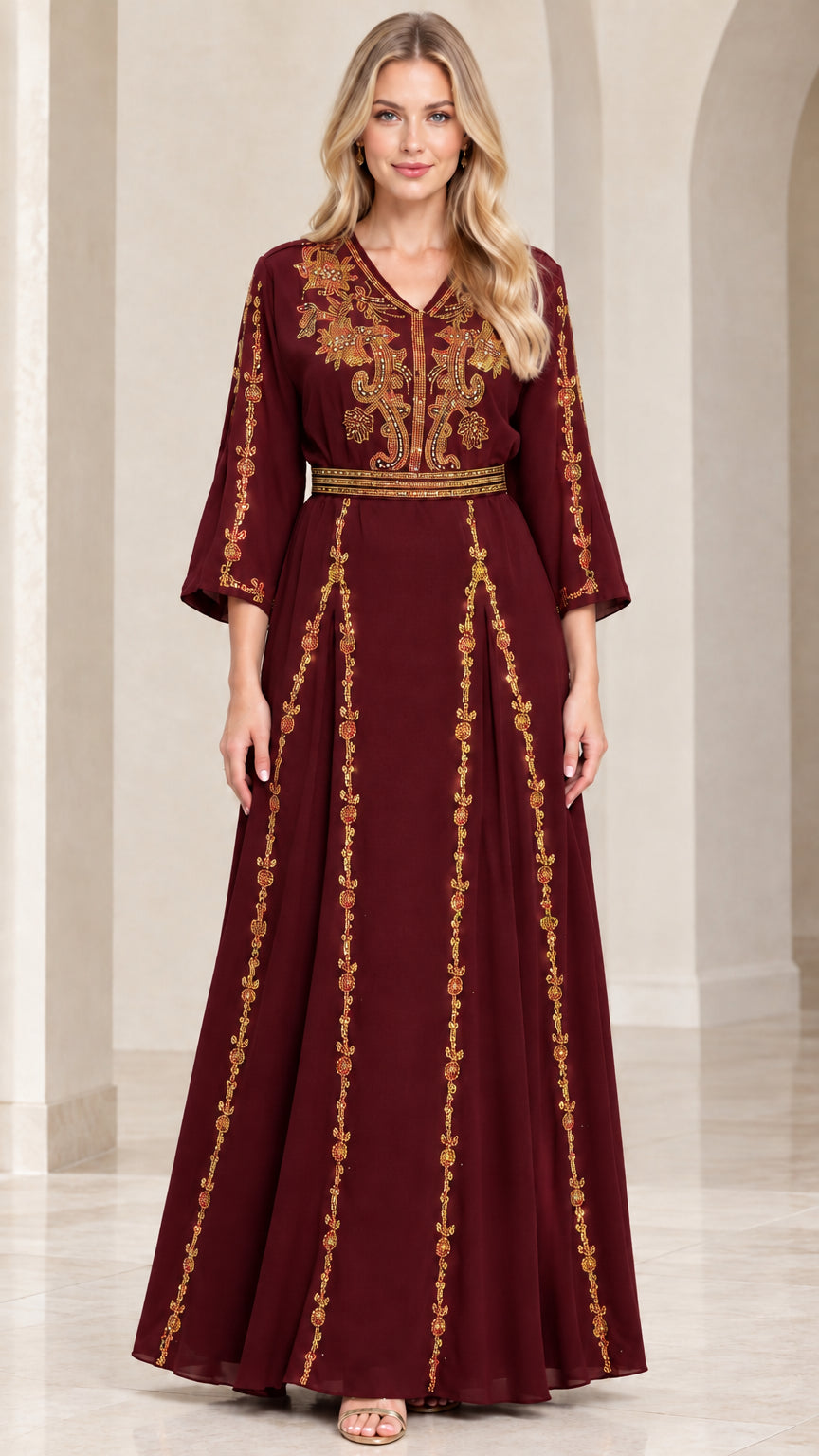 Burgundy embroidered V-neck floor-length maxi dress