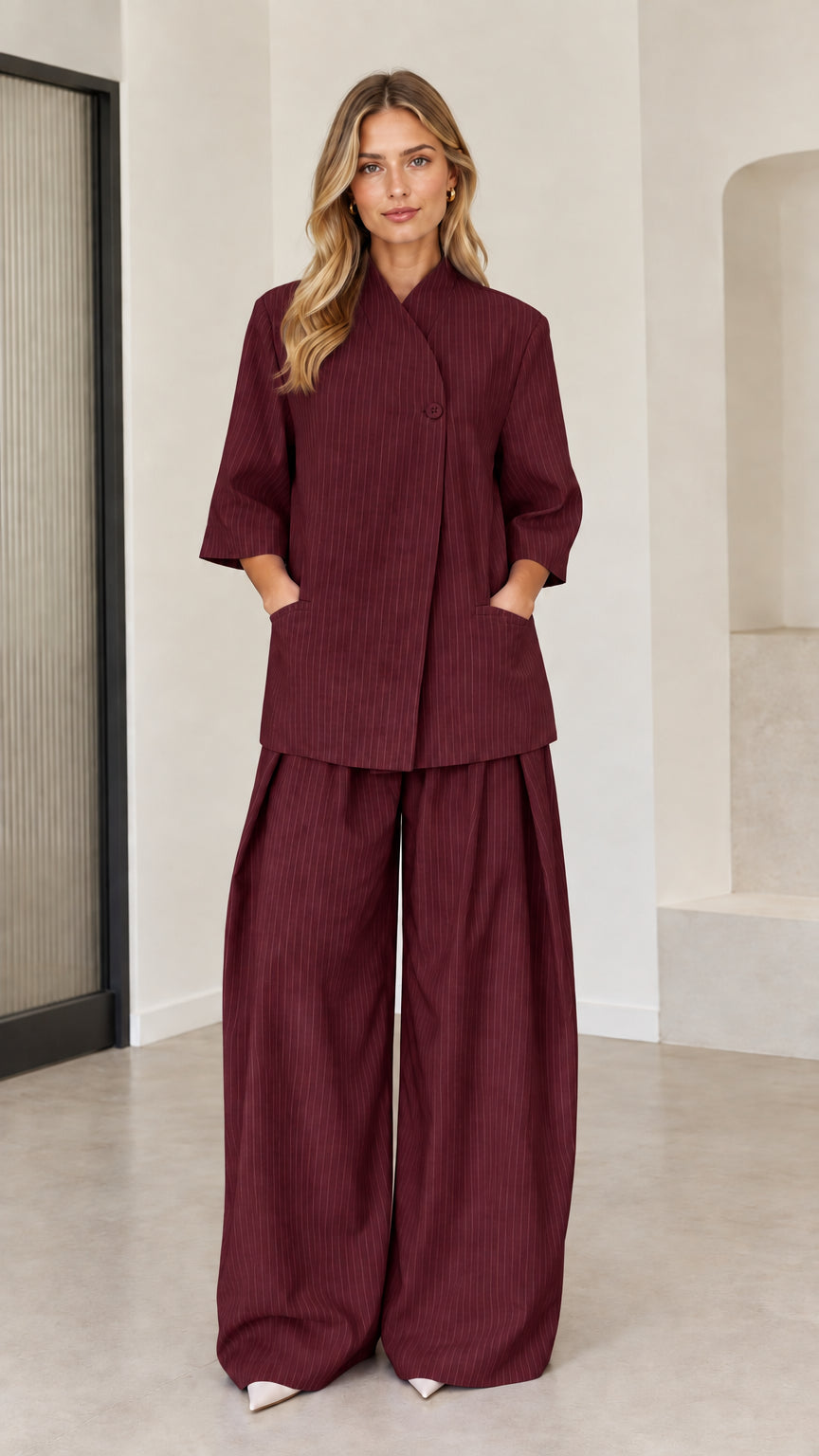 Burgundy wine red women's two-piece pinstriped matching top and wide-leg pant set