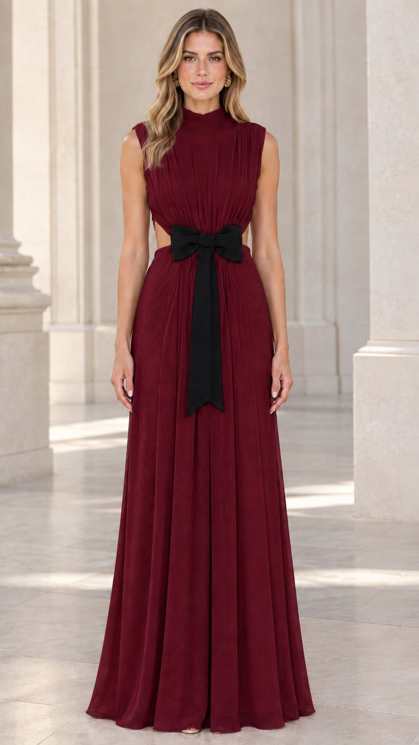 Front view of model wearing burgundy wine red pleated formal dress with black bow