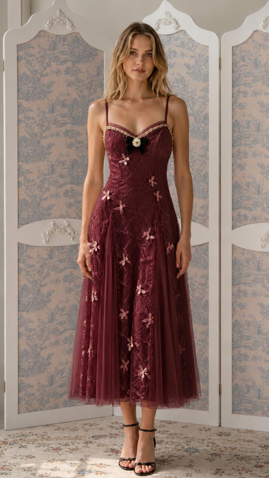 Front view of Burgundy floral embroidered tulle midi dress