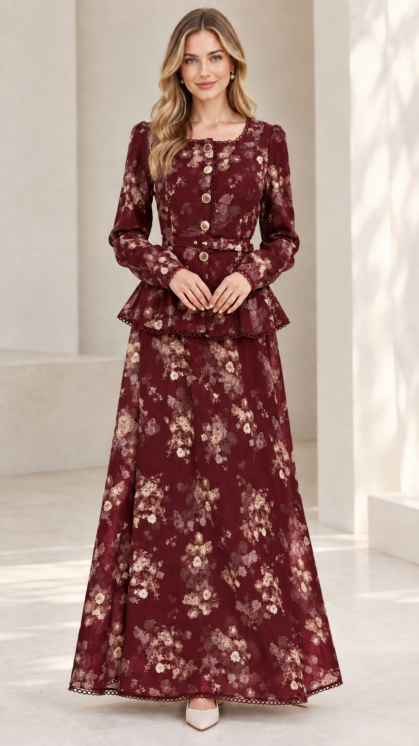 Model wearing Burgundy floral long sleeve peplum maxi dress