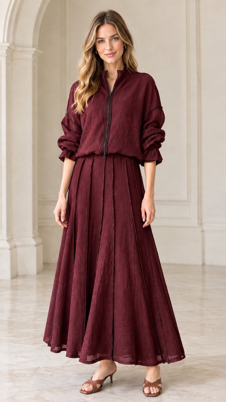 Full front view of burgundy wine red textured two-piece maxi set