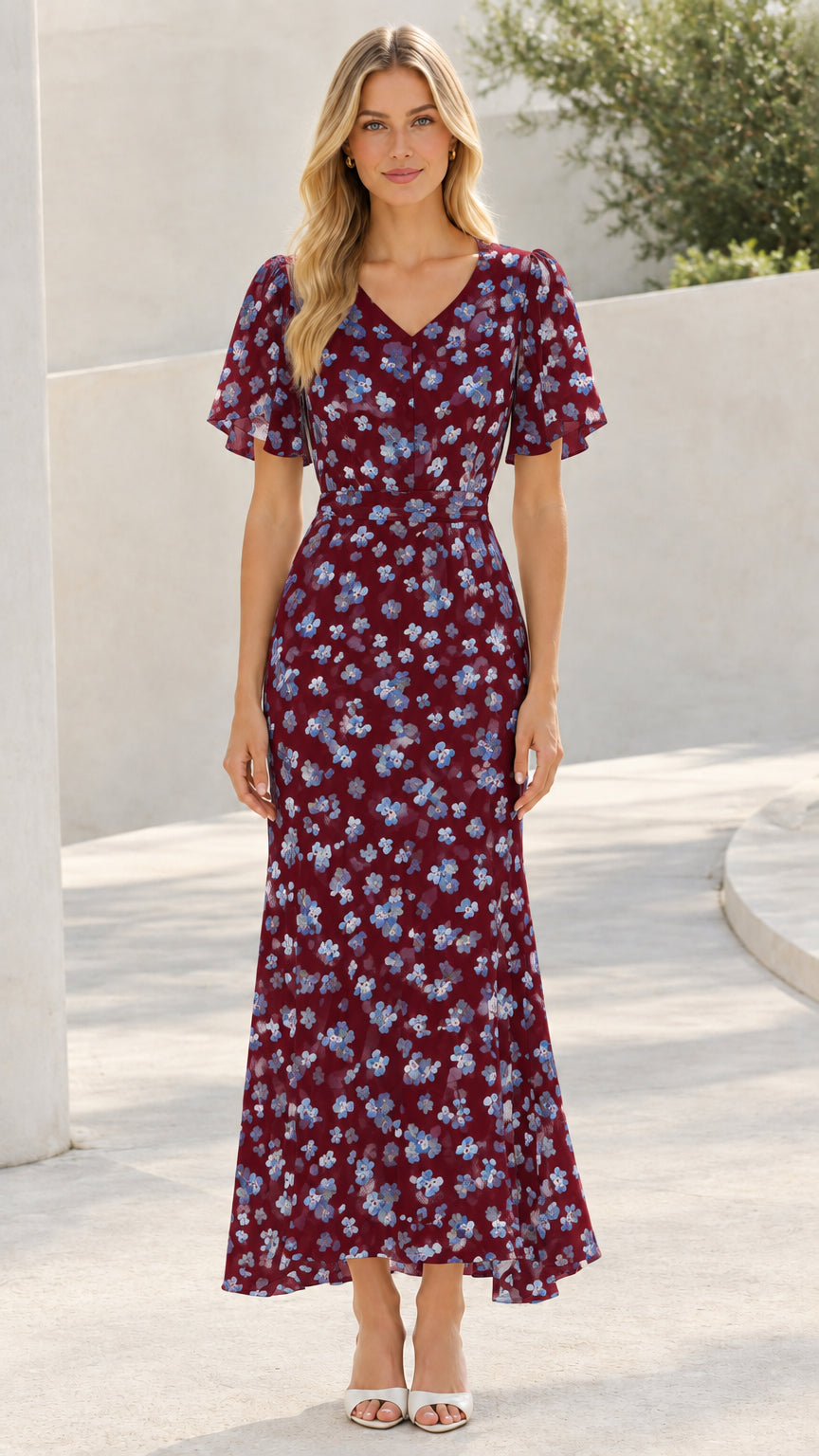 Model wearing Burgundy Floral short sleeve maxi dress