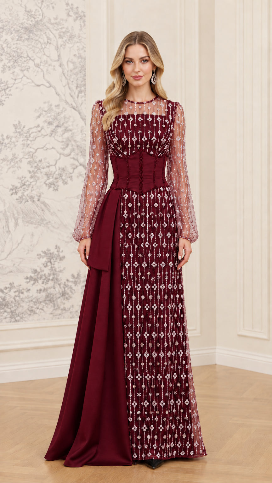 Burgundy wine red embellished formal maxi dress with sheer long sleeves
