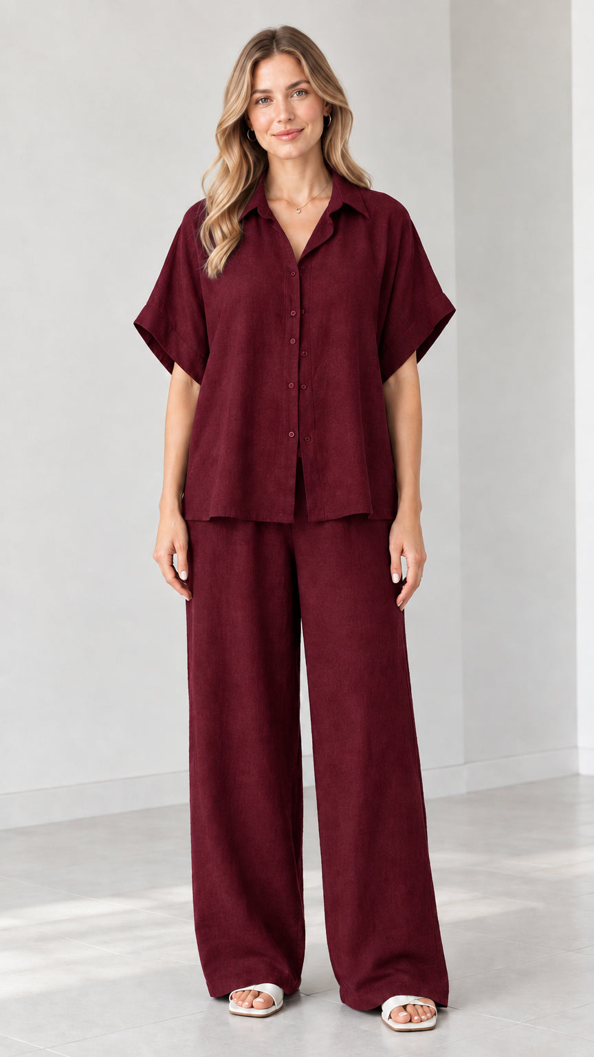 Model wearing Burgundy short-sleeve shirt and matching wide-leg pants set
